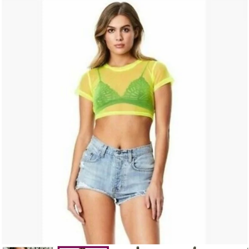 EMMA & SAM MESH CROPPED SHORT SLEEVE TOP LAYERING IN NEON LEMON SZ SMALL - Picture 3 of 14